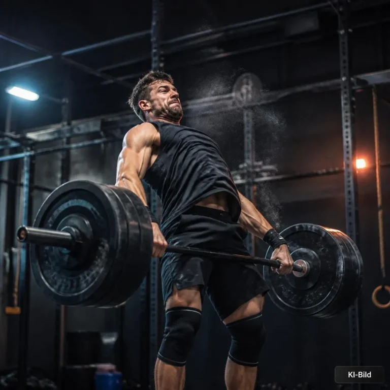 Athlet beim Olympic Lifting mit schwerer Langhantel in dunkler Trainingshalle (KI-Bild)