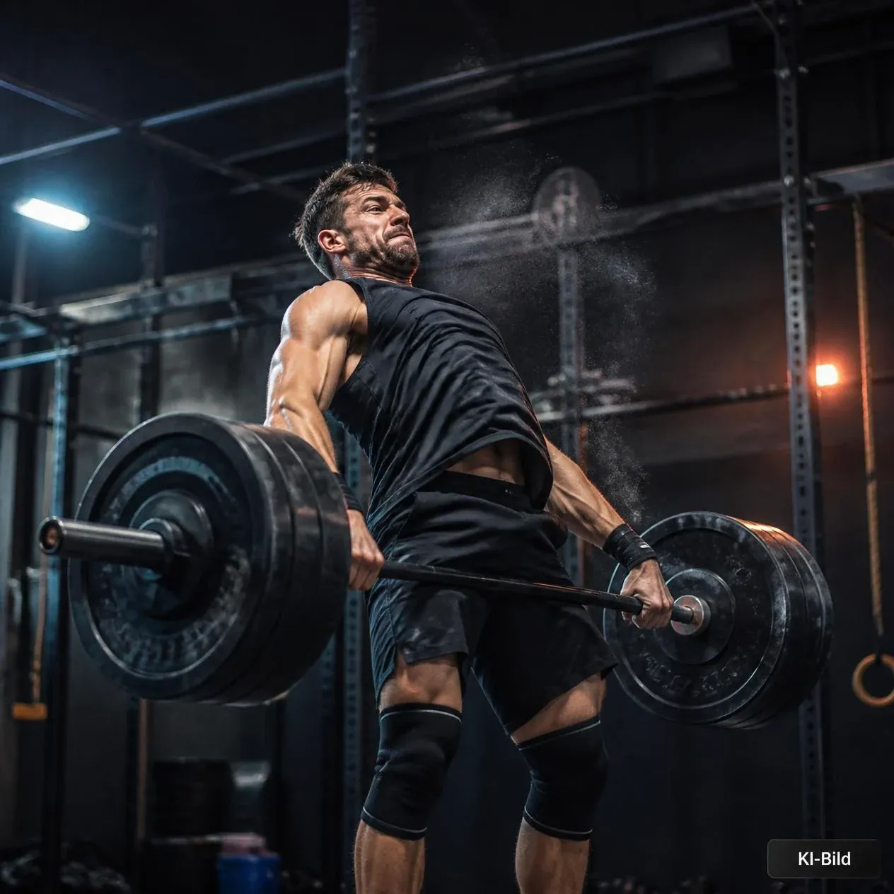 Athlet beim Olympic Lifting mit schwerer Langhantel in dunkler Trainingshalle (KI-Bild)