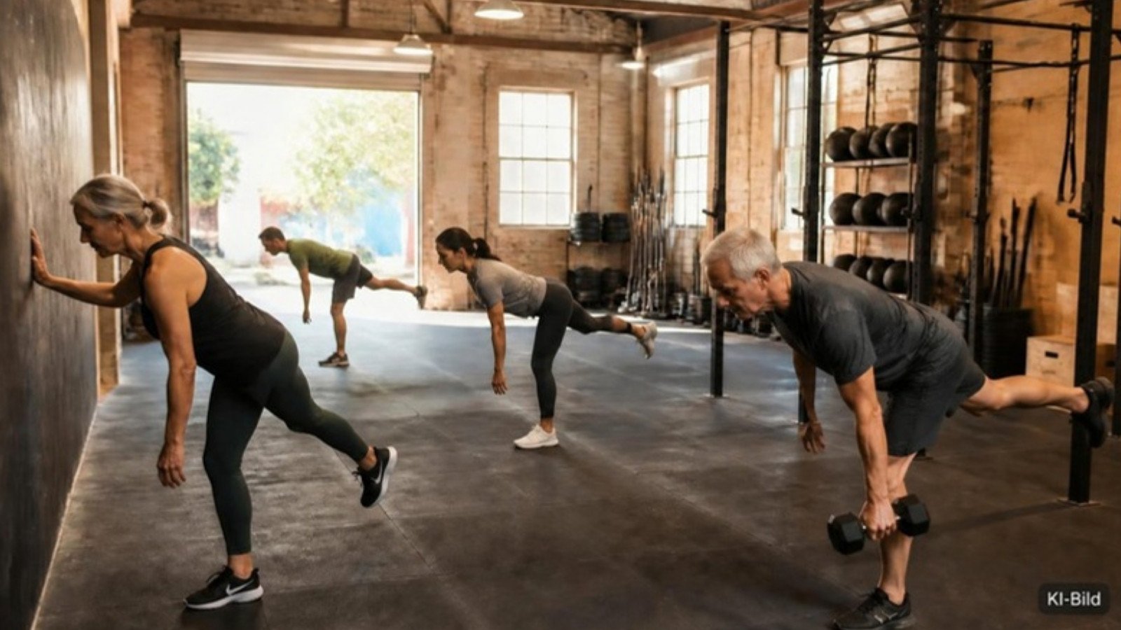 Mehrere Erwachsene machen Single-Leg RDLs in einer CrossFit-Box (KI-Bild)